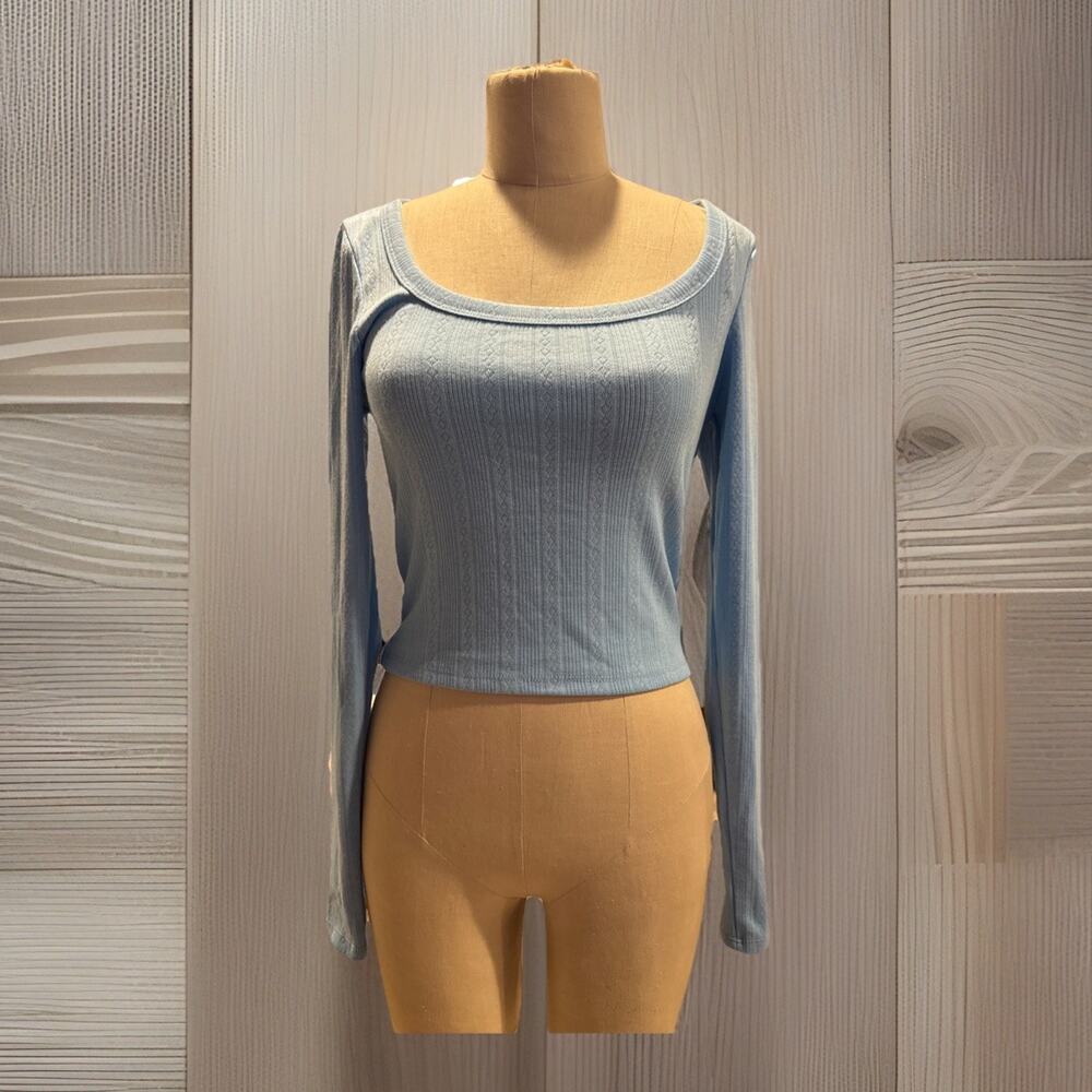 Wild Fable Women Small Trendy Square Neck Blue Long Sleeve Pointelle Shirt New